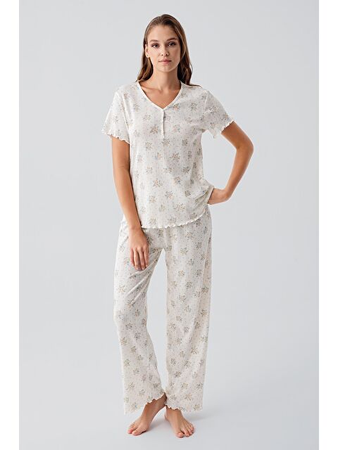 Artış Kısa Kollu Çiçek Desenli Düğmeli Ajurlu %100 Pamuk Pijama Takım 19202 - S000519379-10231