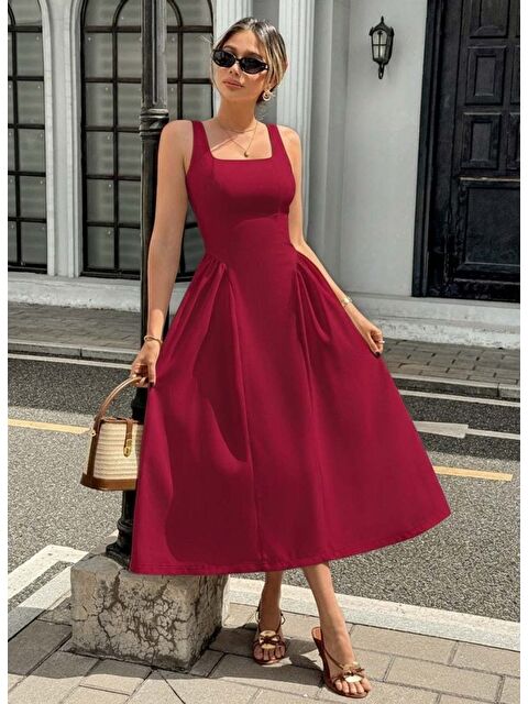 Jane's Kadın Askılı Kare Yakalı Uzun Ithal Krep Elbise