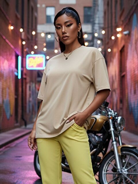 Trendseninle Unisex Koyu Bej Baskısız Tişört - S000516497-19933