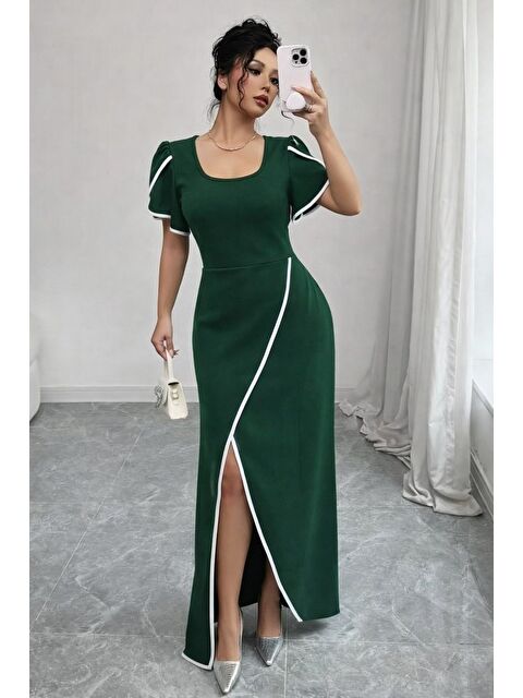 Jane's Kadın Kısa Kollu Kare Yakalı önden çapraz Kesim Detaylı Krep Elbise