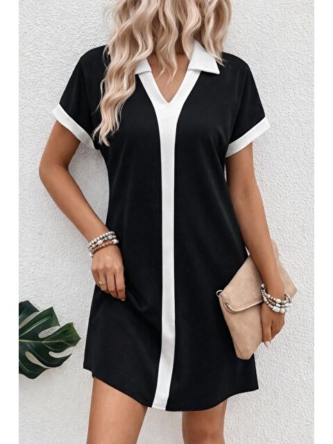 Jane's Kadın Kısa Kollu V Yakalı Onden şerit Detaylı Yakalı Kısa Janjan Krep Elbise