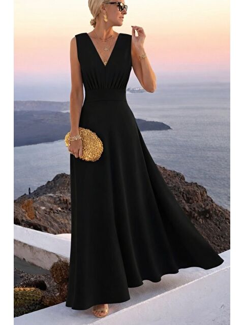 Jane's Kadın Askılı V Yakalı Bel Korsaj Detaylı Uzun Ithal Krep Elbise