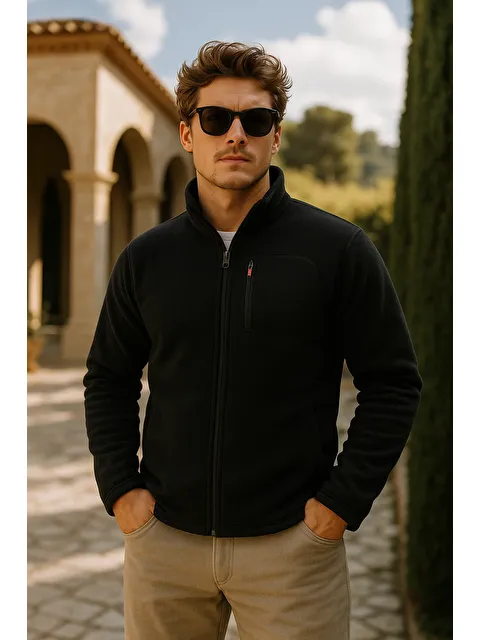 Comstar Erkek Kalın Fermuarlı Kışlık Cepli Siyah Polar Ceket