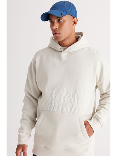 AC&Co / Altınyıldız Classics Erkek Bej Oversize Fit Bol Kesim Kapüşonlu İçi Polarlı Baskılı Sweatshirt - S000394519-19928
