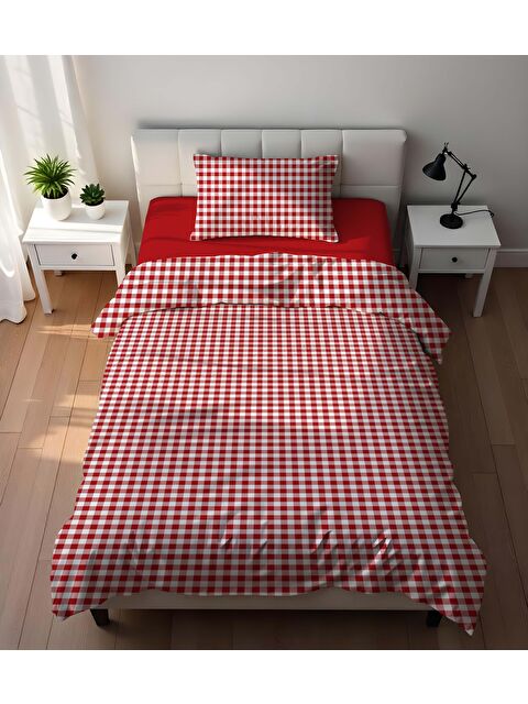 Evmila Çift Taraflı Kırmızı Pötikare  Desenli - Baskılı Tek Kişilik Nevresim Takımı - S000416609-23173