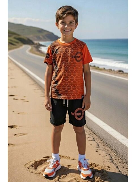 Riccotarz Erkek Çocuk Design Yazı ve Bal Peteği Detayları Turuncu Şortlu Takım - S000520809-20013