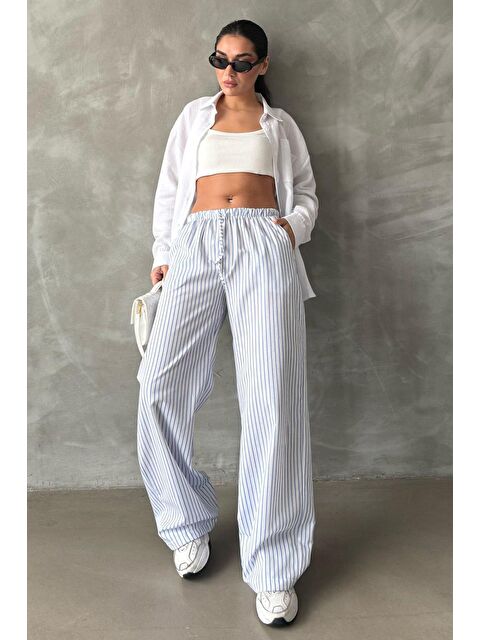 Madmext Mavi Beli Ayarlanabilir Çizgili Cepli Bol Paça Kadın Pantolon Mg2312 - S000348627-17234