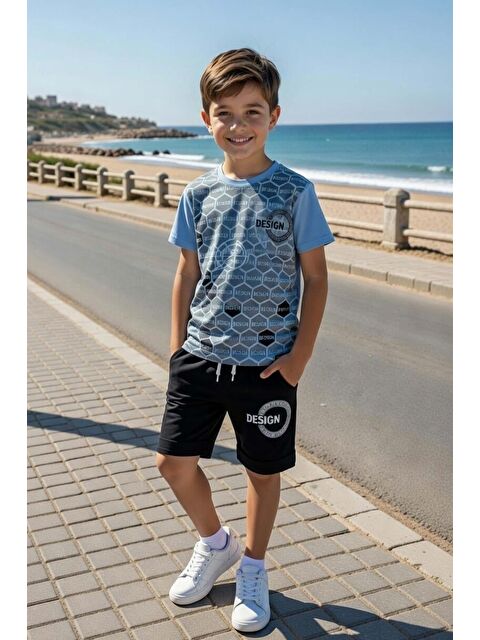 Riccotarz Erkek Çocuk Design Yazı ve Bal Peteği Detayları Mavi Şortlu Takım - S000520813-17234