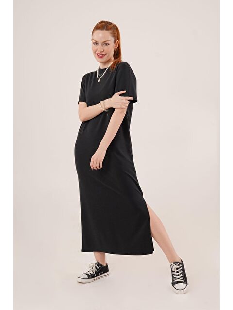 Jane's Yırtmaç Detaylı Kısa Kollu Salaş Maxi Siyah Elbise