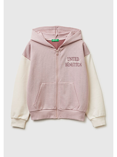 United Colors Of Benetton Kız Çocuk Gül Kurusu Simli Logolu Fermuarlı Cepli Kapüşonlu Yüksek Yaka Sweatshirt