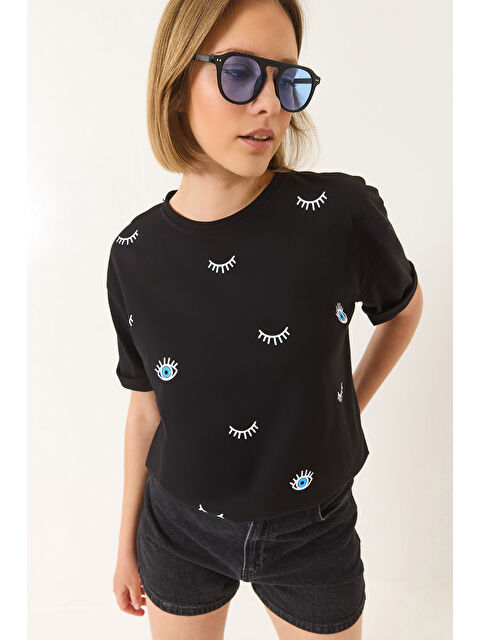 SHADE Kadın Göz Baskılı Kısa Kollu Pamuklu Oversize T-Shirt - S000376481-19351