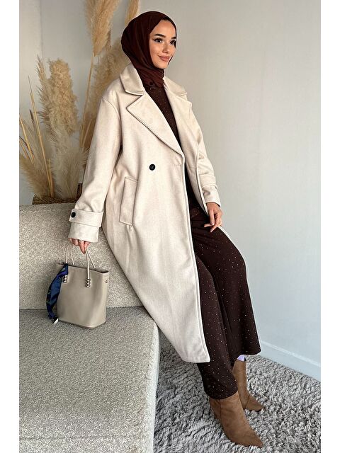 Julude Kruvaze Yaka Çift Cepli Tesettür Kaşe Kaban - S000491724-25636