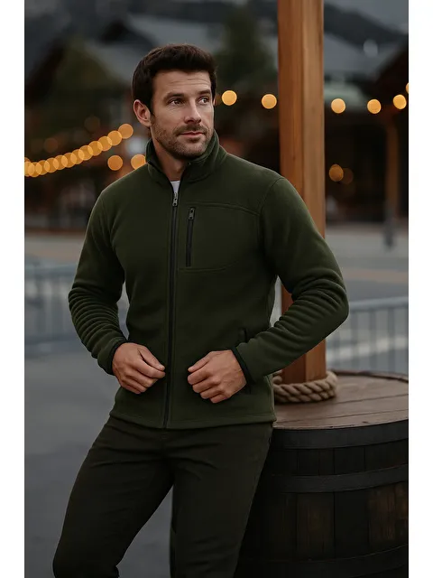 Comstar Erkek Fermuarlı Kalın Kışlık Trend Haki Polar Ceket