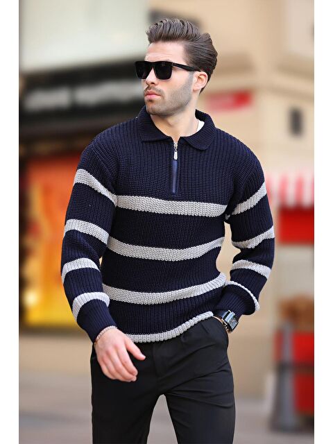 Madmext Lacivert Fermuarlı Polo Yaka Çizgili Uzun Kollu Kazak 7283 - S000280989-21164