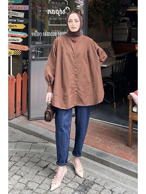 Lamelif Manşeti Biyeli Tunik Acı Kahverengi
