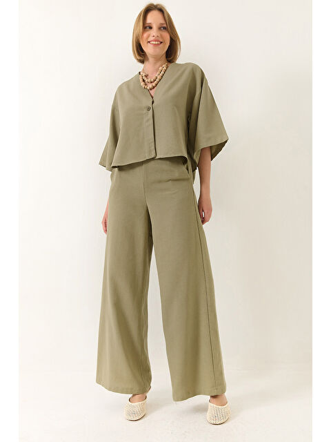 SHADE Kadın V Yaka Yarasa Kol Keten Kimono Palazzo Pantolonlu Alt-Üst Takım - S000377113-14939
