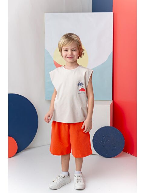 ZEYLAND Erkek Çoçuk Sörf Baskılı Atlet Dizaltı Şort Takım - Taş Rengi - S000362948-25636