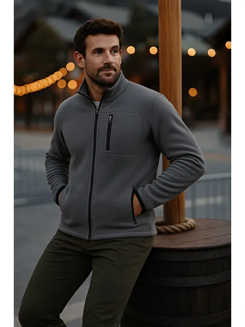Comstar Erkek Fermuarlı Kalın Kışlık Trend Füme Polar Ceket