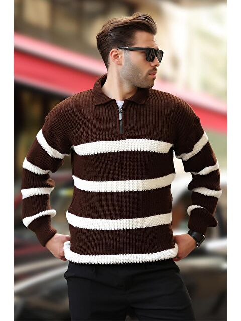 Madmext Kahverengi Fermuarlı Polo Yaka Çizgili Uzun Kollu Kazak 7283 - S000280989-19413