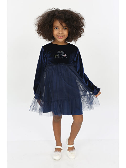 Toontoykids Kız Çocuk Kuğu Baskılı Kadife Elbise - S000419685-21164