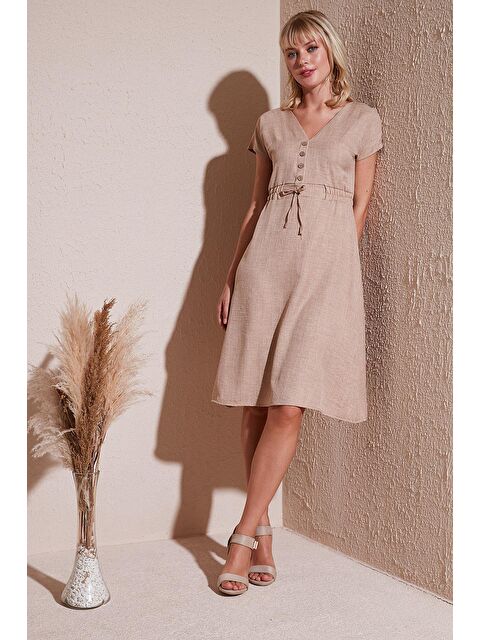 Lela Önü Düğmeli V Yaka Regular Fit Kısa Kollu Midi Elbise 5865747 - S000209657-19928