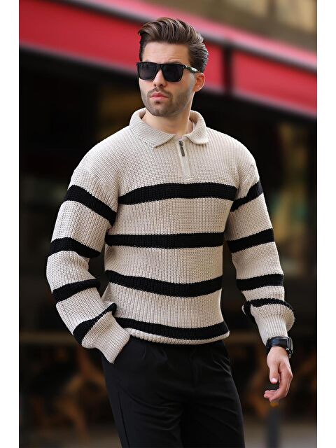 Madmext Bej Fermuarlı Polo Yaka Çizgili Uzun Kollu Kazak 7283 - S000280989-19928