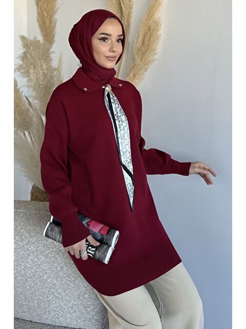 Julude Gülseli Polo Yaka Fular Aksesuarlı Tesettür Triko Tunik - S000491726-19951