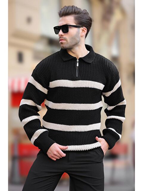Madmext Siyah Fermuarlı Polo Yaka Çizgili Uzun Kollu Kazak 7283 - S000280989-19351