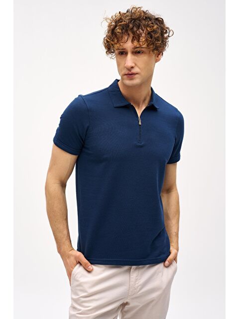 igs Lacivert Slim Fit Dar Kalıp Fermuarlı Polo Yaka Düz Kısa Kollu  Tişört - S000490461-21164