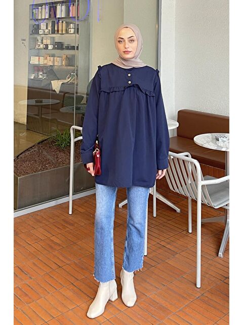 Lamelif Hakim Yaka Önü Pileli Tunik Lacivert - S000521853-21164