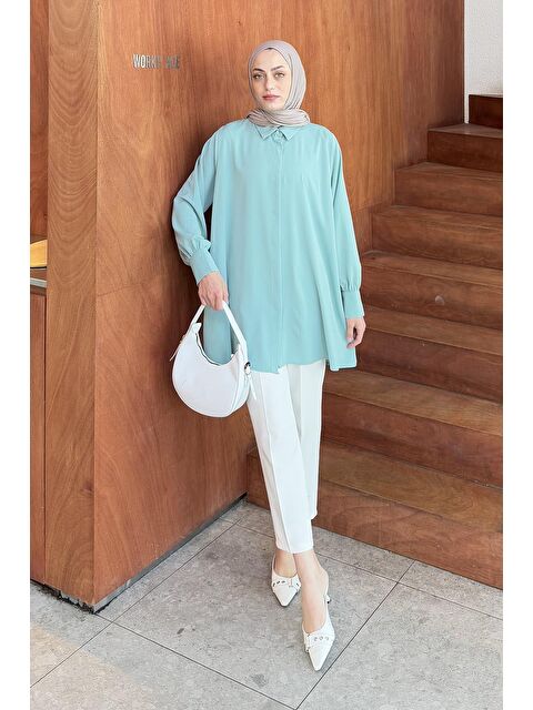 Lamelif Gizli Düğme Detaylı Tesettür Tunik Mint Yeşili - S000521874-1180