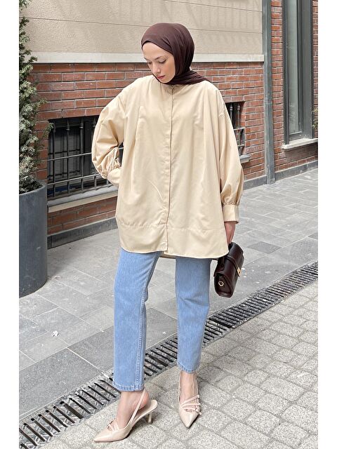 Lamelif Manşeti Biyeli Tunik Krem - S000521854-19966