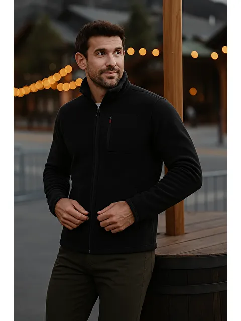 Comstar Erkek Fermuarlı Kalın Kışlık Trend Siyah Polar Ceket