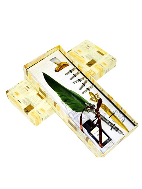 Gen-Of Taçlı Orjinal Tüylü Divit - Kaligrafi Kalem Seti Hediyelik Özel Kutulu Haki Yeşil 712-14 - S000277872-18547