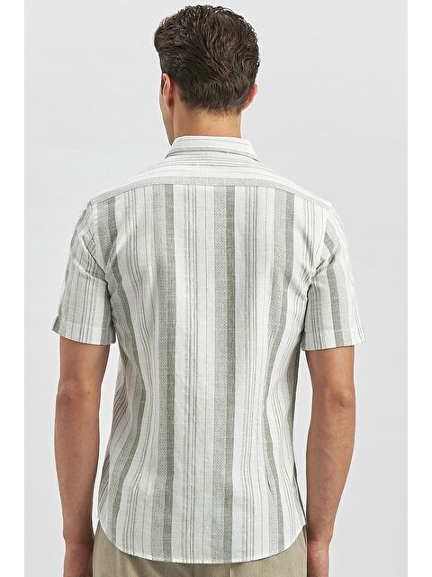 İMZA Koyu Haki Kısa Kollu Çizgili Armürlü Pamuklu Casual Slim Fit Dar Kesim Gömlek 1004240243 - S000356791-19294