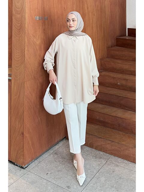 Lamelif Gizli Düğme Detaylı Tesettür Tunik Taş