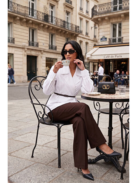 Lela Kruvaze Yaka Kemerli Balon Kollu Pamuklu Kadın Gömlek 6835057