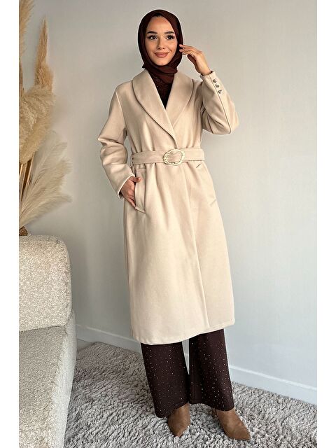 Julude Bel Kuşaklı Gold Toka Detaylı Tesettür Kaşe Kaban - S000491727-25636