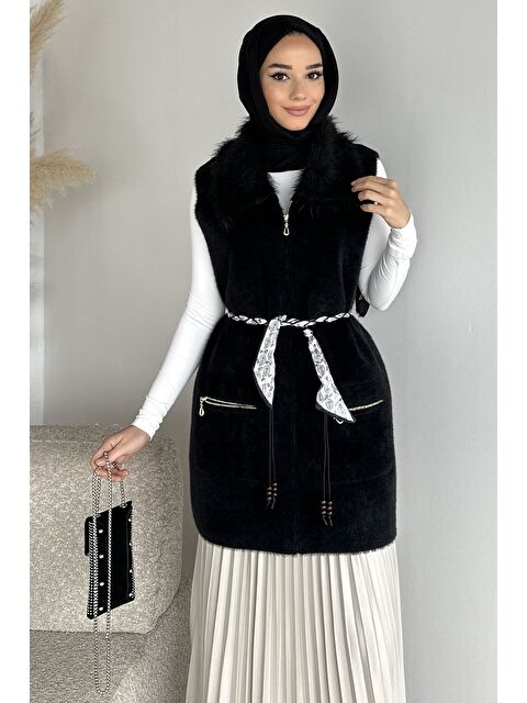 Julude Gülseli Pelüş Detaylı Kemer Aksesuarlı Çift Cepli Tesettür Triko Yelek - S000491728-19351