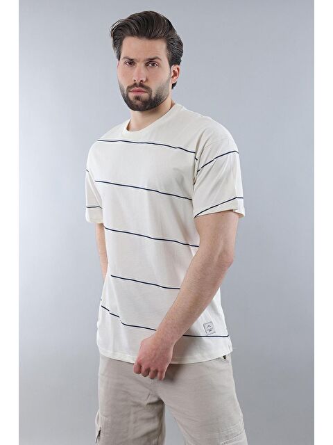 Madmext Ekru Bisiklet Yaka Basic Çizgili Erkek %100 Pamuk Tişört E7102 - S000353451-19965