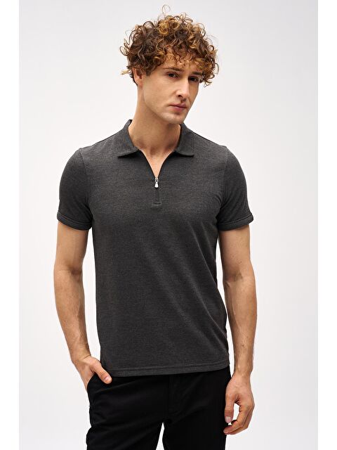 igs Antrasit Slim Fit Dar Kalıp Fermuarlı Polo Yaka Düz Kısa Kollu  Tişört - S000490461-20600