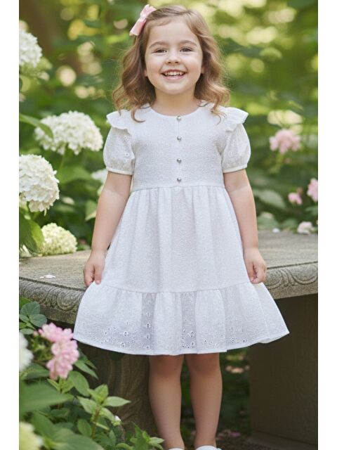 My Kids Wear Kız Çocuk Beyaz Fisto Kumaş Düğmeli Yazlık Elbise 12527 - S000507331-20063