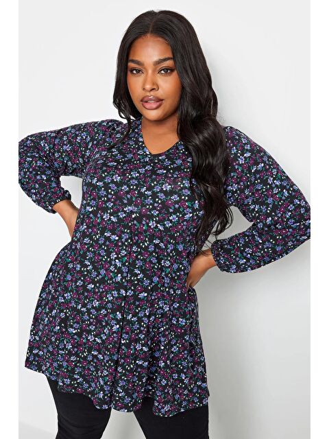 Stil Diva Büyük Beden V Yaka Uzun Kollu Bilekleri Lastikli Eteği Fırfırlı Elastanlı Bluz 321406 - S000196821-37439