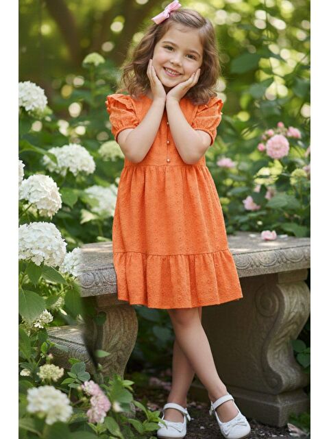 My Kids Wear Kız Çocuk Turuncu Fisto Kumaş Düğmeli Yazlık Elbise 12526 - S000507331-20013