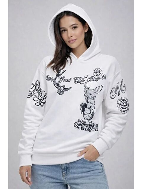 Jane's 3 İplik Pamuklu Kapüşonlu Baskılı SweatShirt Hoodie - Beyaz