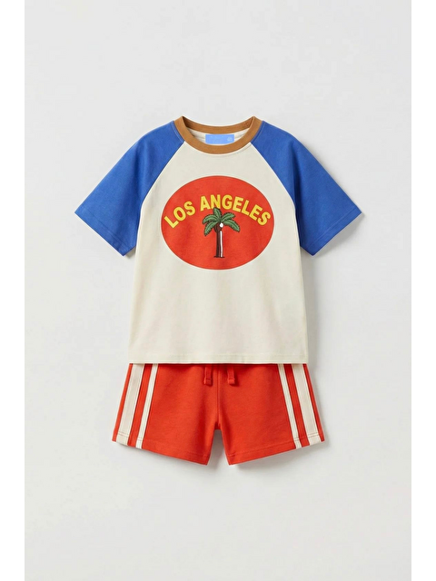 Magu Unisex Çocuk Pamuklu Ekru Saks Mavi Los Angeles Baskılı Tişört Şort Takım