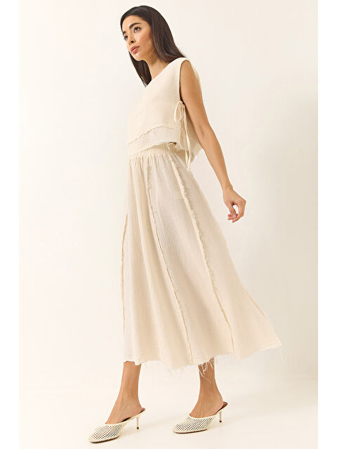 SHADE Kadın Beli Lastikli Etek Yandan Bağlama Detaylı Crop Müslin Alt-Üst Takım - S000377161-19965