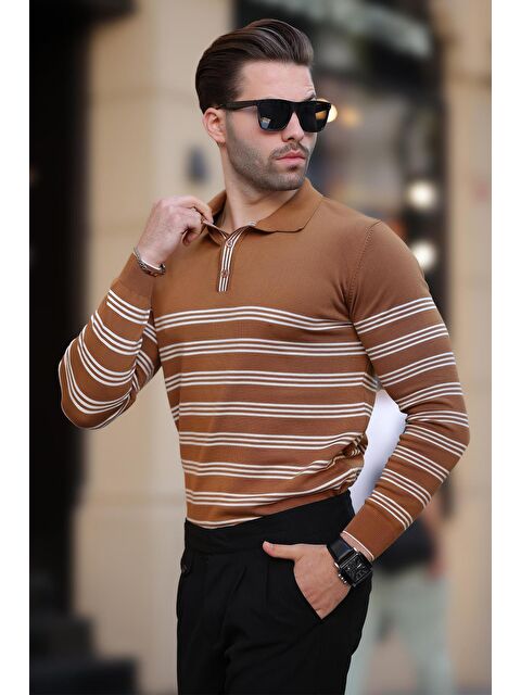 Madmext Kahverengi Düğmeli Polo Yaka Çizgili Uzun Kollu Kazak 7270 - S000280996-19413
