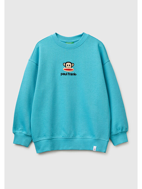 United Colors Of Benetton Erkek Çocuk Açık Mavi Önü ve Arkası Baskılı Etek Ucu Logolu Bisiklet Yaka Sweatshirt