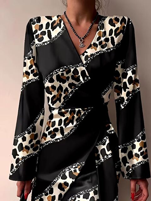 Jane's Kadın Uzun Kollu Kruvaze Yakalı Asimetrik Detaylı Mini Modal Elbise - S000529199-19351